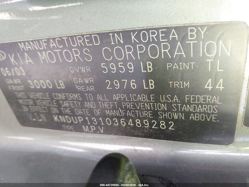 2003 Kia Sedona Ex/Lx VIN: KNDUP131036489282 Lot: 44720584