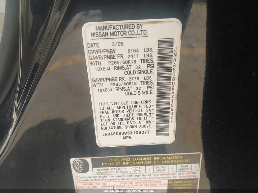 2005 Infiniti Fx35 VIN: JNRAS08U95X106077 Lot: 44720666