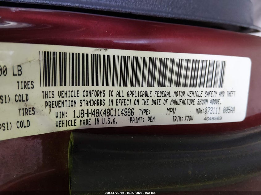 2008 Jeep Commander Sport VIN: 1J8HH48K48C114966 Lot: 44720791