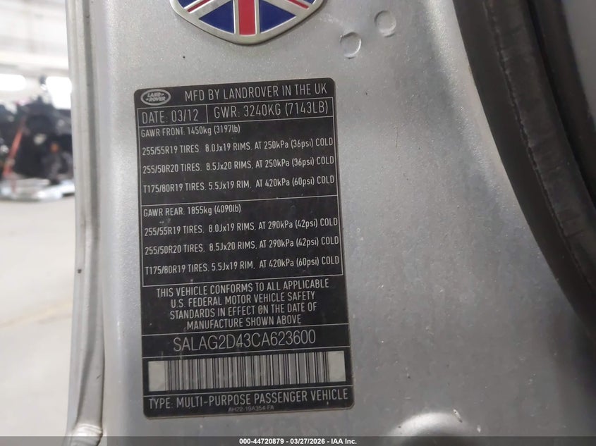 2012 Land Rover Lr4 VIN: SALAG2D43CA623600 Lot: 44720879