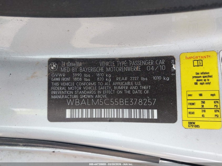 2011 BMW Z4 Sdrive30I VIN: WBALM5C55BE378257 Lot: 44720959