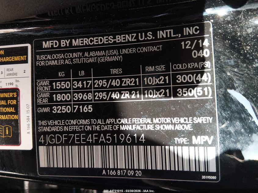 2015 Mercedes-Benz Gl 63 Amg 4Matic VIN: 4JGDF7EE4FA519614 Lot: 44721015