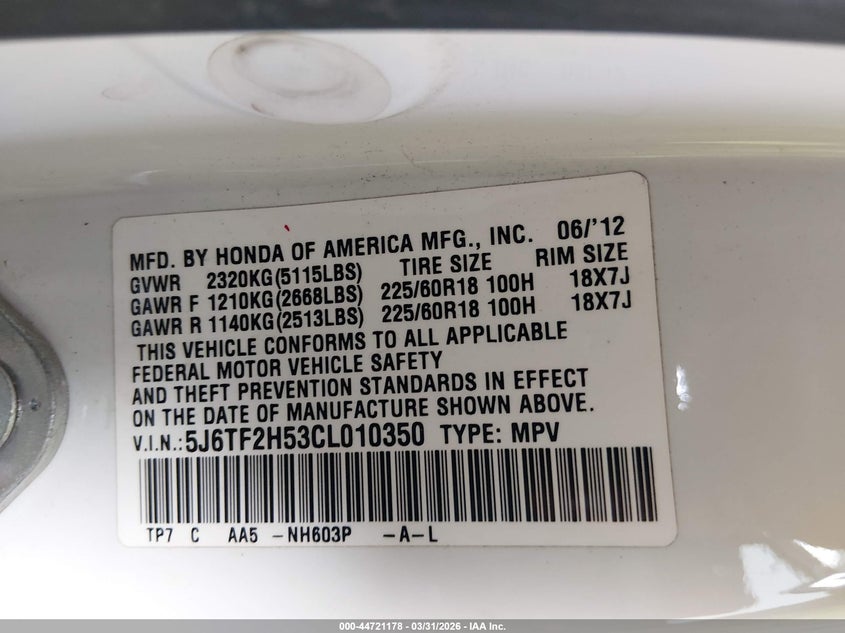 2012 Honda Crosstour Ex-L VIN: 5J6TF2H53CL010350 Lot: 44721178