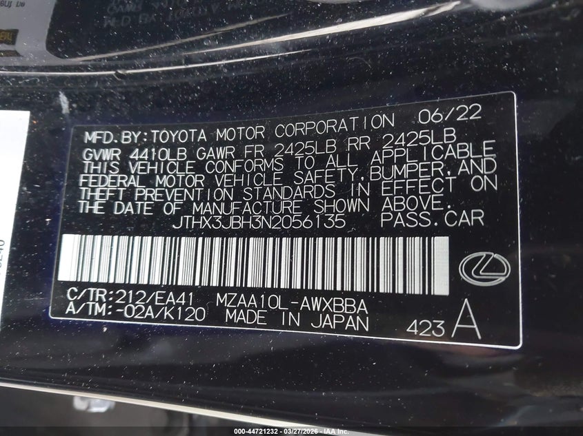 2022 Lexus Ux 200 VIN: JTHX3JBH3N2056135 Lot: 44721232