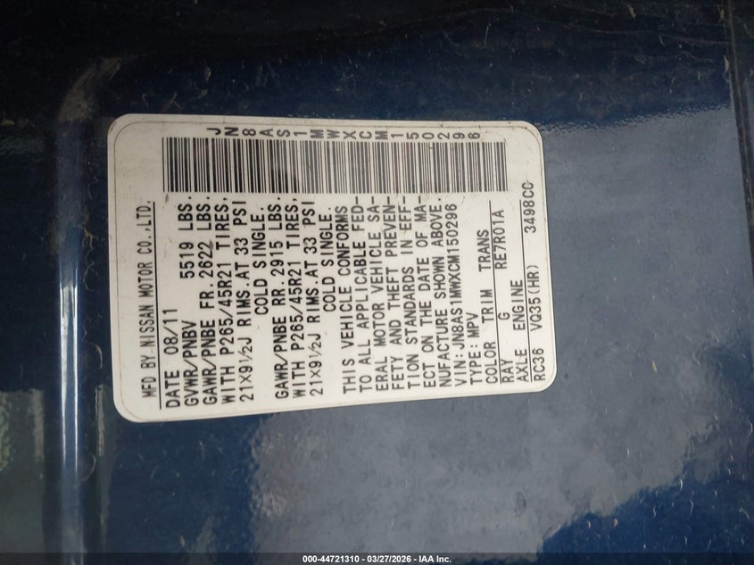 2012 Infiniti Fx35 Limited Edition VIN: JN8AS1MWXCM150296 Lot: 44721310