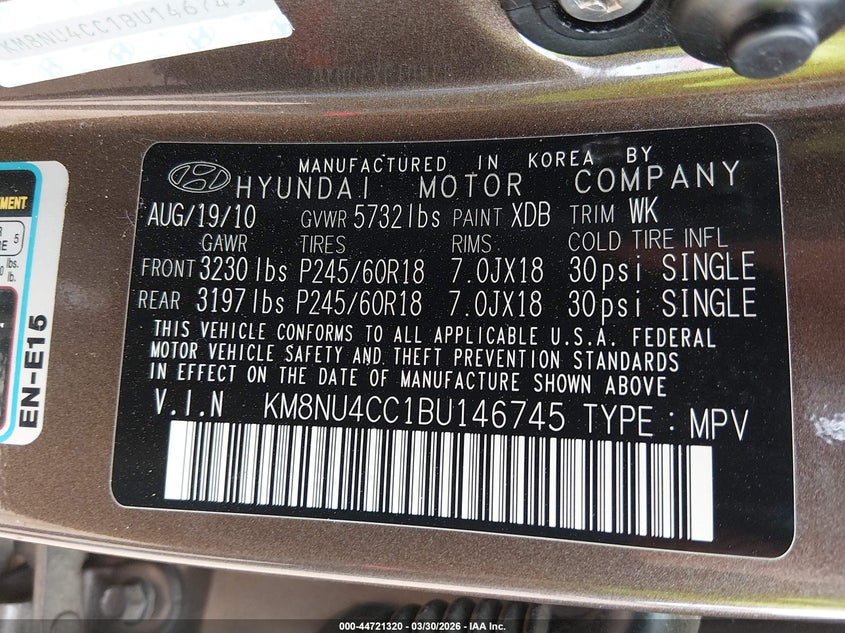 2011 Hyundai Veracruz Limited VIN: KM8NU4CC1BU146745 Lot: 44721320