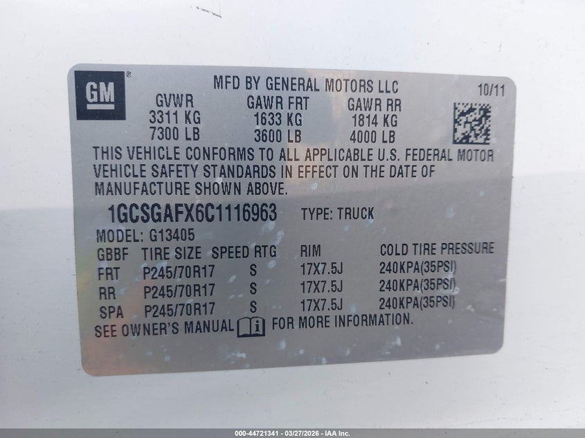 2012 Chevrolet 4.3 Express 1500 Work Van white Lot 111044721341 Vin 1GCSGAFX6C1116963