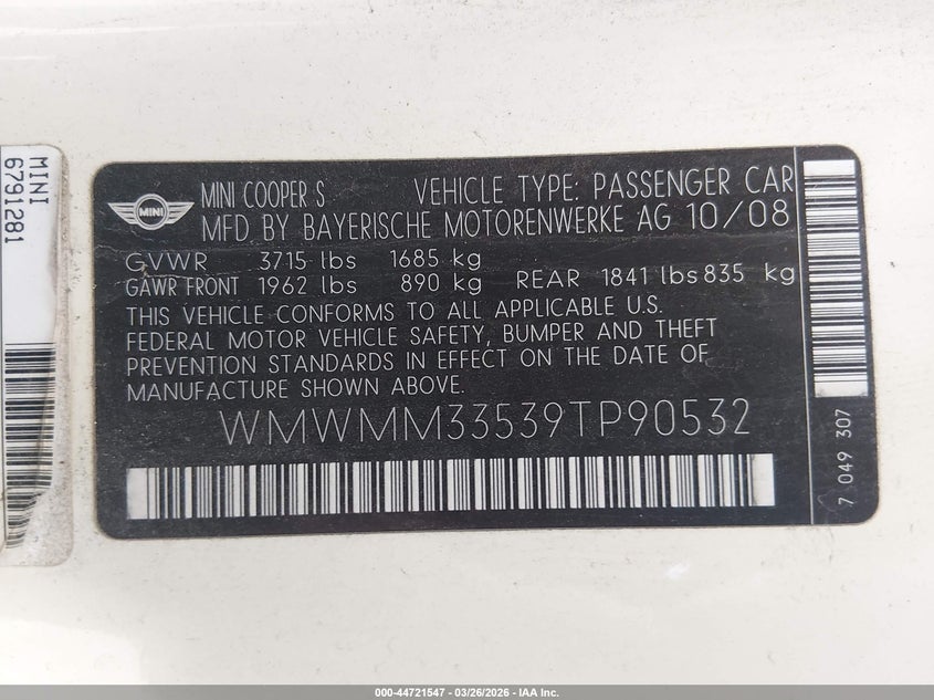 2009 Mini Cooper S Clubman VIN: WMWMM33539TP90532 Lot: 44721547