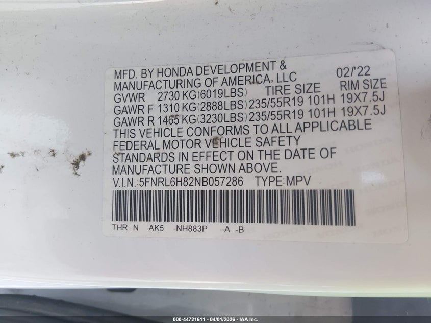 2022 Honda Odyssey Touring VIN: 5FNRL6H82NB057286 Lot: 44721611