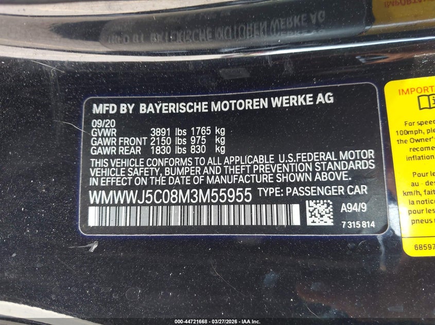 2021 Mini Convertible Cooper S VIN: WMWWJ5C08M3M55955 Lot: 44721668