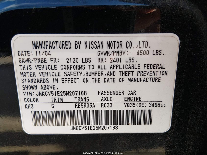 2005 Infiniti G35 VIN: JNKCV51E25M207168 Lot: 44721773