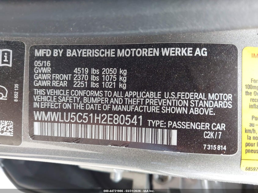 2017 Mini Clubman Cooper S VIN: WMWLU5C51H2E80541 Lot: 44721986