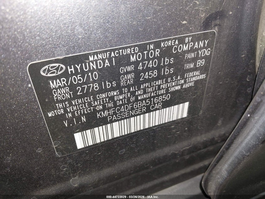 2011 Hyundai Azera Limited VIN: KMHFC4DF6BA516850 Lot: 44722029