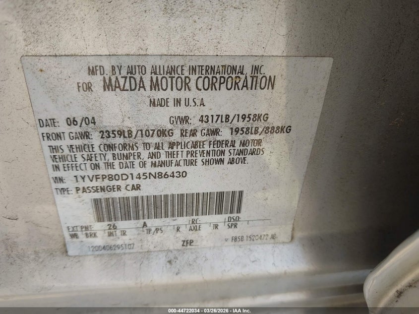 2004 Mazda Mazda6 S VIN: 1YVFP80D145N86430 Lot: 44722034