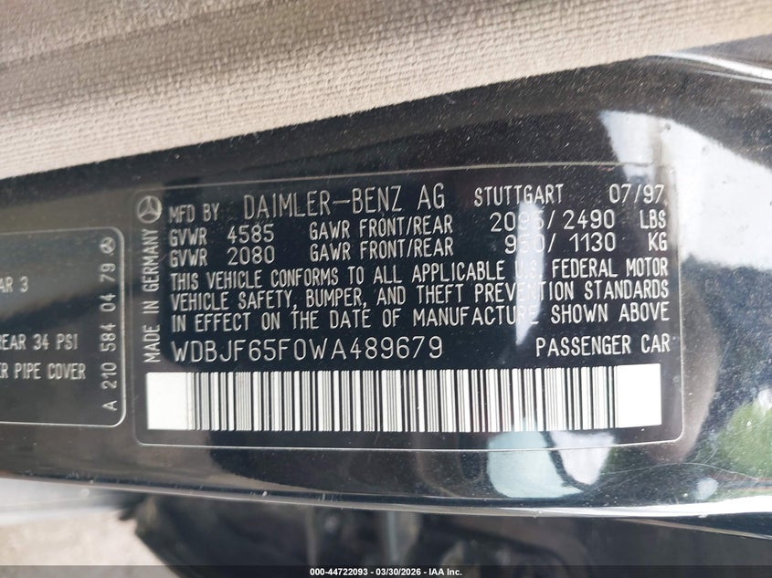 1998 Mercedes-Benz E 320 VIN: WDBJF65F0WA489679 Lot: 44722093