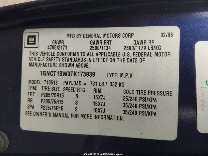 1996 Chevrolet Blazer VIN: 1GNCT18W0TK173939 Lot: 44722221