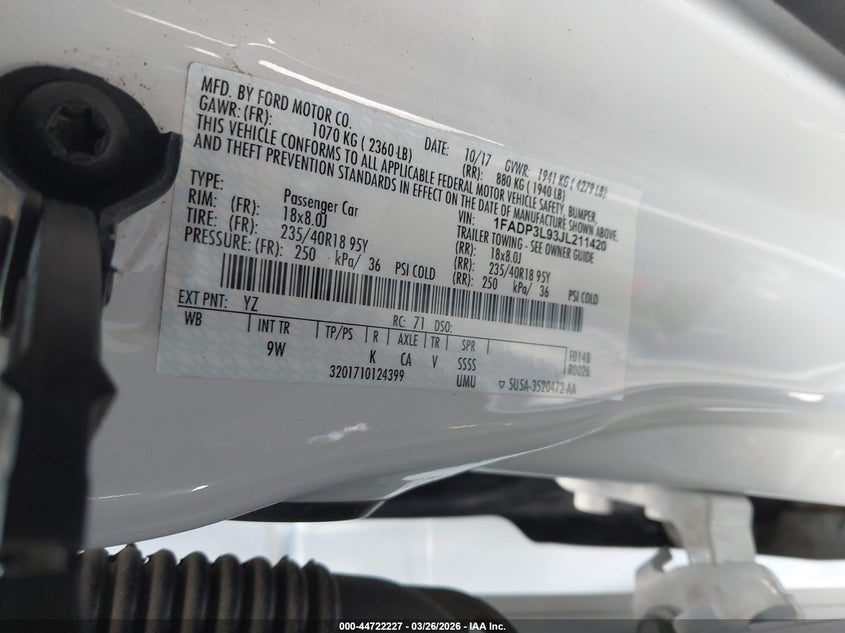 2018 Ford Focus St VIN: 1FADP3L93JL211420 Lot: 44722227