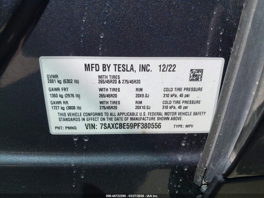 TESLA MODEL X 2023 VIN 7SAXCBE59PF380556