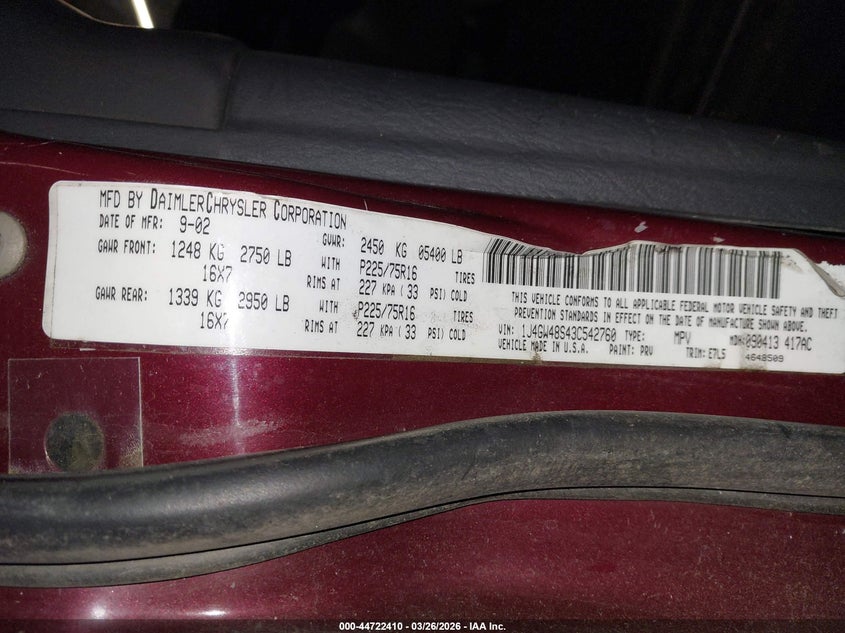 2003 Jeep Grand Cherokee Laredo VIN: 1J4GW48S43C542760 Lot: 44722410