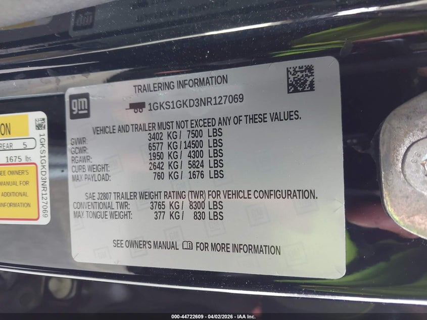2022 GMC Yukon Xl 2Wd Slt VIN: 1GKS1GKD3NR127069 Lot: 44722609