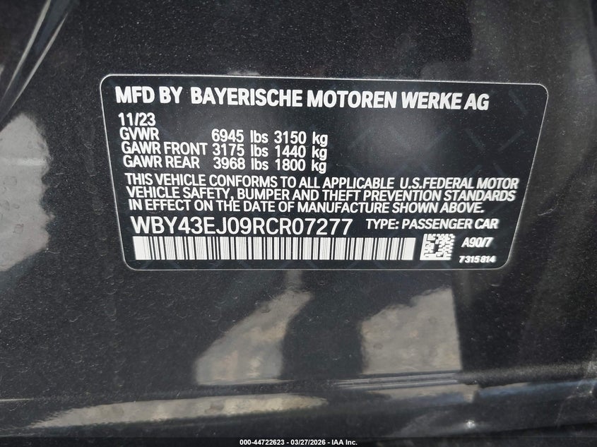 2024 BMW I7 Edrive50 VIN: WBY43EJ09RCR07277 Lot: 44722623