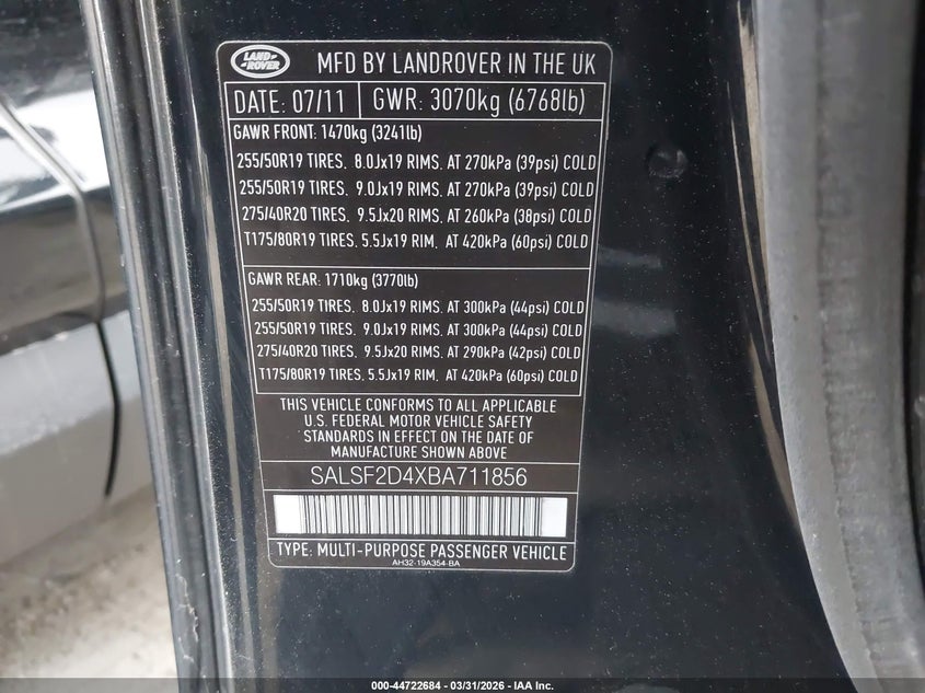 2011 Land Rover Range Rover Sport Hse VIN: SALSF2D4XBA711856 Lot: 44722684