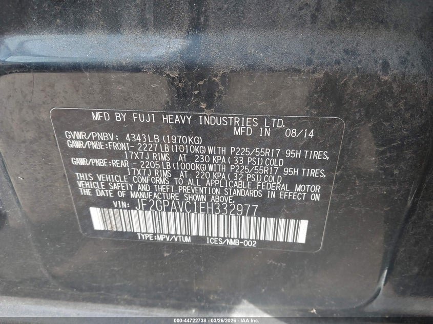 SUBARU XV CROSSTREK 2014 VIN JF2GPAVC1EH332977