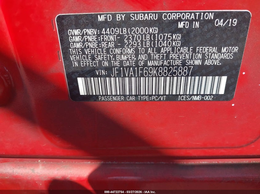 2019 Subaru Wrx Premium VIN: JF1VA1F69K8825887 Lot: 44722754