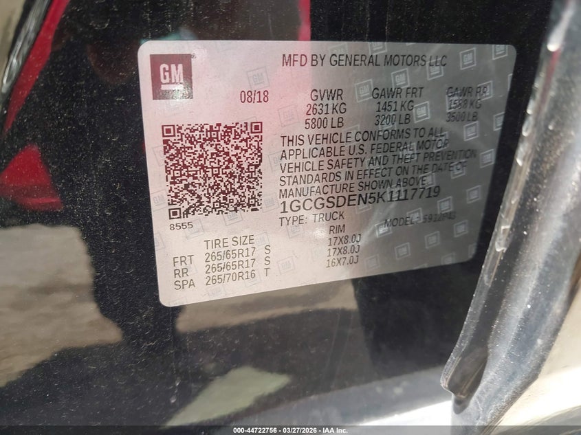 2019 Chevrolet Colorado Z71 VIN: 1GCGSDEN5K1117719 Lot: 44722756