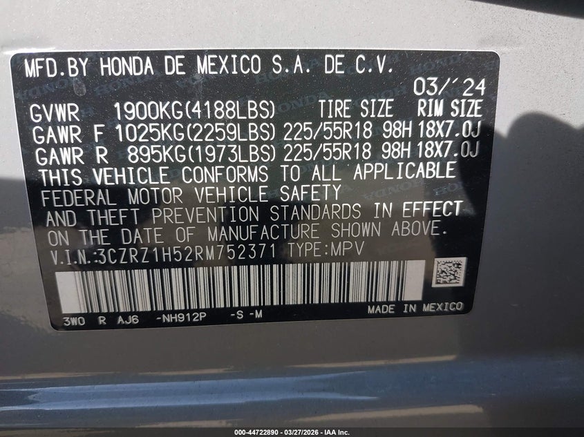 VIN 3CZRZ1H52RM752371 2024 HONDA HR-V 2WD SPORT/2WD SPORT W/O BSI