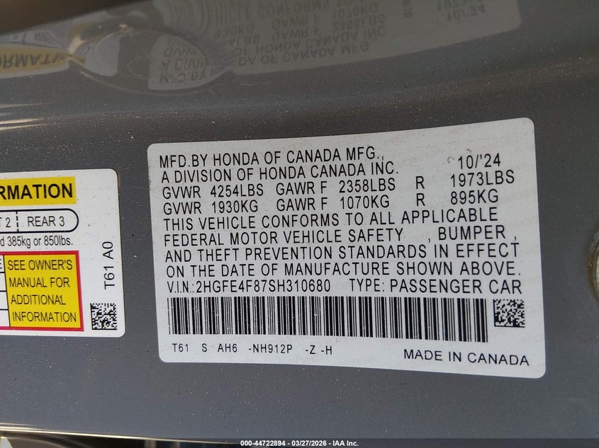 VIN 2HGFE4F87SH310680 2025 HONDA CIVIC HYBRID SPORT/SPORT TOURING
