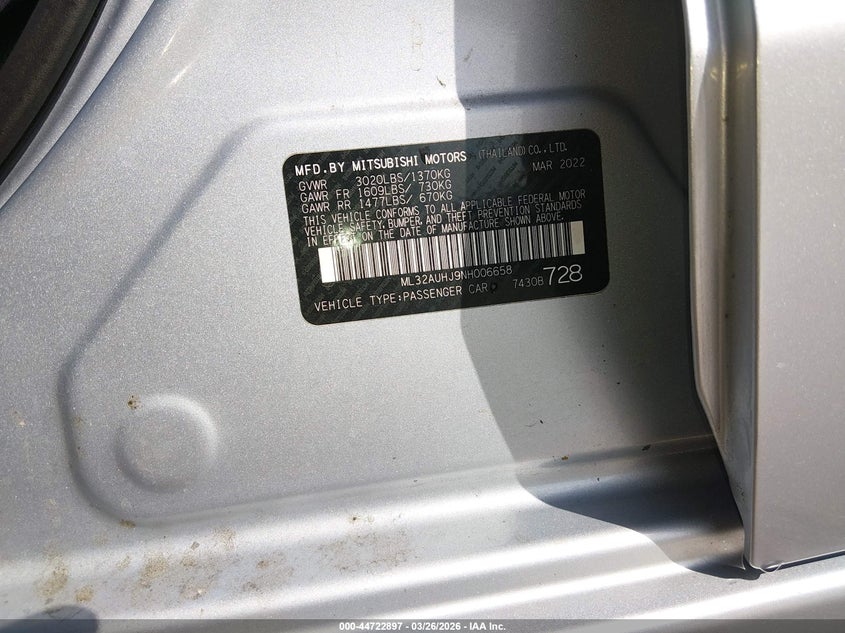 2022 Mitsubishi Mirage Es/Le VIN: ML32AUHJ9NH006658 Lot: 44722897