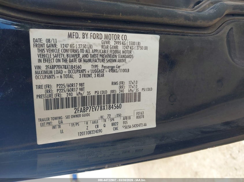 2011 Ford Crown Victoria Lx VIN: 2FABP7EV7BX184560 Lot: 44722907