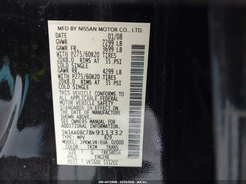 2008 Infiniti Qx56 VIN: 5N3AA08C78N911332 Lot: 44722956