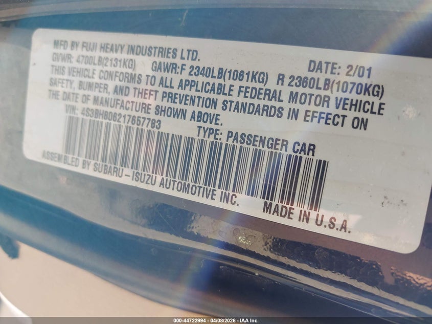 2001 Subaru Outback H6-3.0 VIN: 4S3BH806217657783 Lot: 44722994