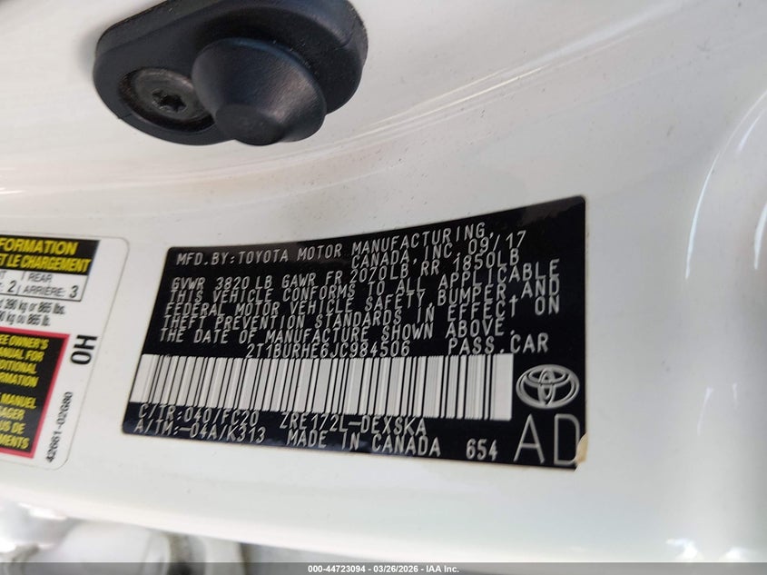 VIN 2T1BURHE6JC984506 2018 TOYOTA COROLLA SE