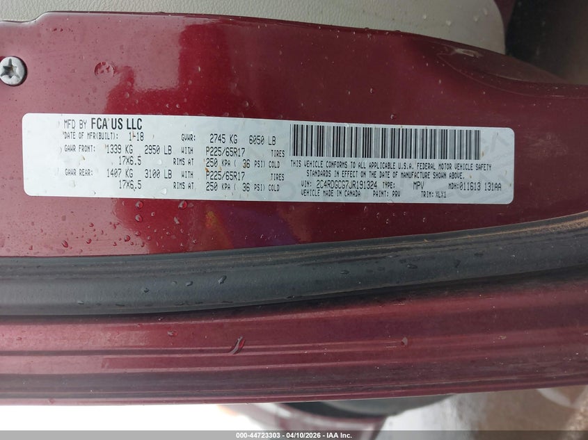 2018 Dodge Caravan 3.6 Grand Sxt red Lot 111044723303 Vin 2C4RDGCG7JR191324