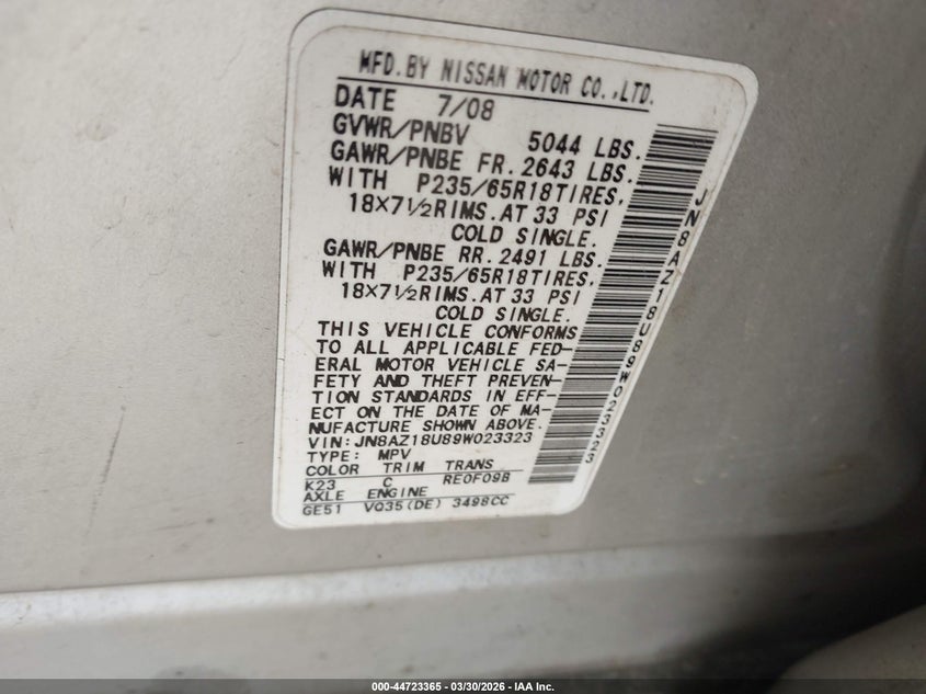 2009 Nissan Murano Sl VIN: JN8AZ18U89W023323 Lot: 44723365