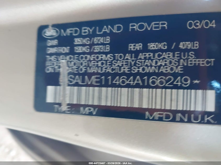 2004 Land Rover Range Rover Hse VIN: SALME11464A166249 Lot: 44723467