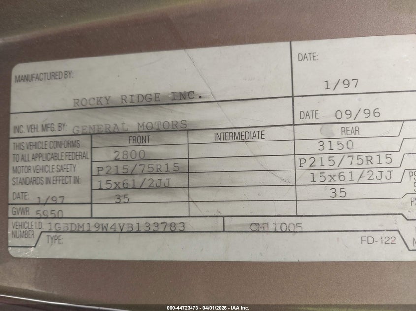 1997 Chevrolet Astro Upfitter Pkg. VIN: 1GBDM19W4VB133783 Lot: 44723473