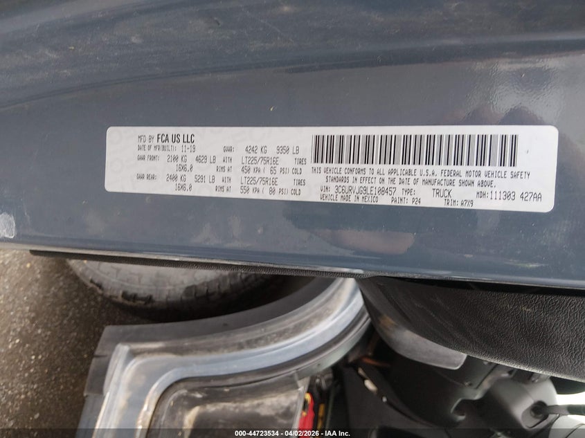 2020 Ram Promaster 3500 Cargo Van High Roof 159 Wb Ext VIN: 3C6URVJG9LE108457 Lot: 44723534