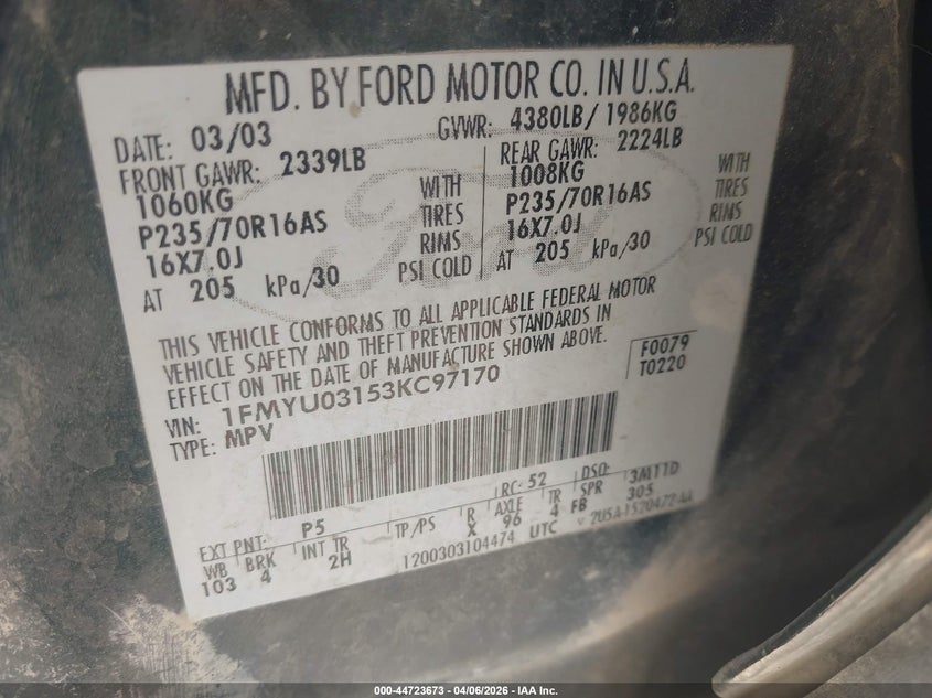 2003 Ford Escape Xlt VIN: 1FMYU03153KC97170 Lot: 44723673