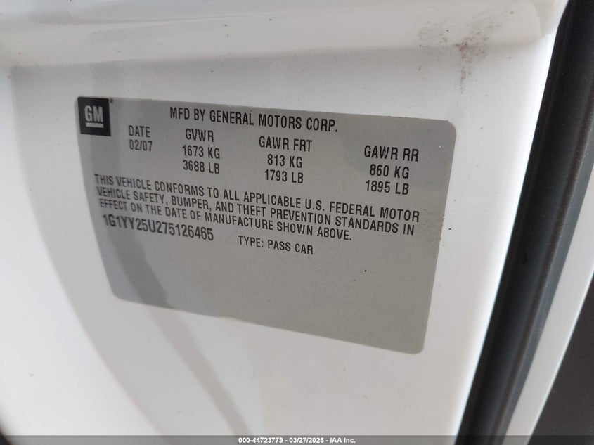 2007 Chevrolet Corvette VIN: 1G1YY25U275126465 Lot: 44723779