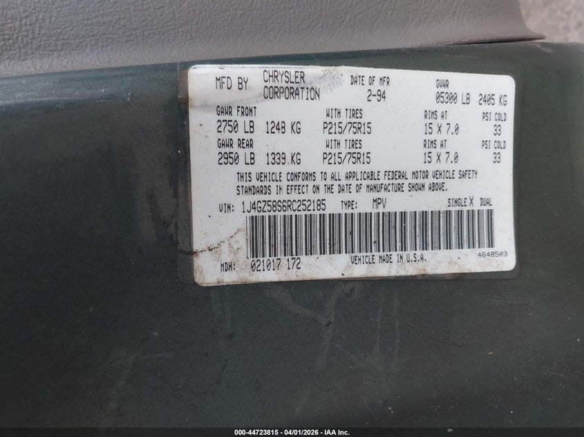 1994 Jeep Grand Cherokee Laredo VIN: 1J4GZ58S6RC252185 Lot: 44723815