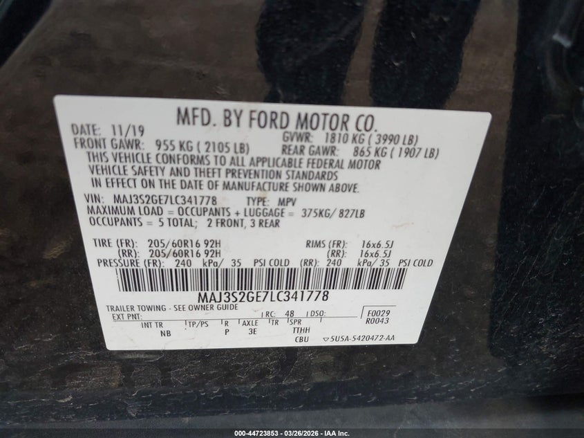 FORD ECOSPORT 2020 VIN MAJ3S2GE7LC341778