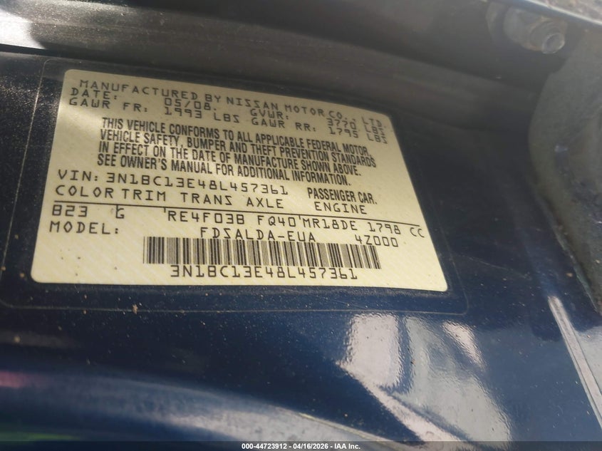 2008 NISSAN VERSA HATCHBACK 1.8L I-4 DOHC, VVT, 122HP