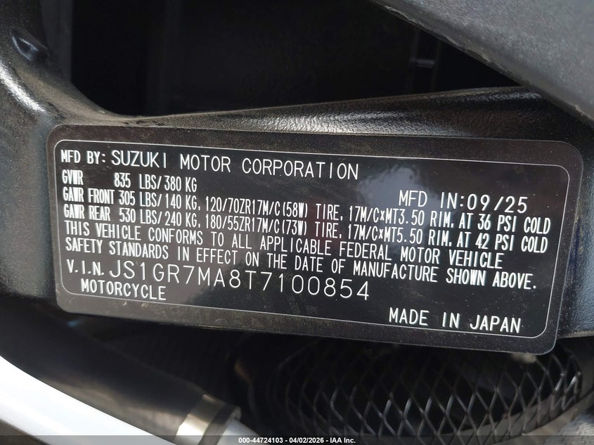 2026 Suzuki Gsx-R750 VIN: JS1GR7MA8T7100854 Lot: 44724103