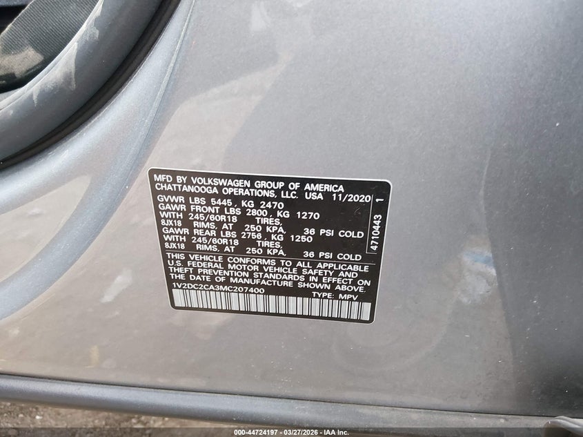 2021 Volkswagen Atlas Cross Sport 2.0T Se VIN: 1V2DC2CA3MC207400 Lot: 44724197