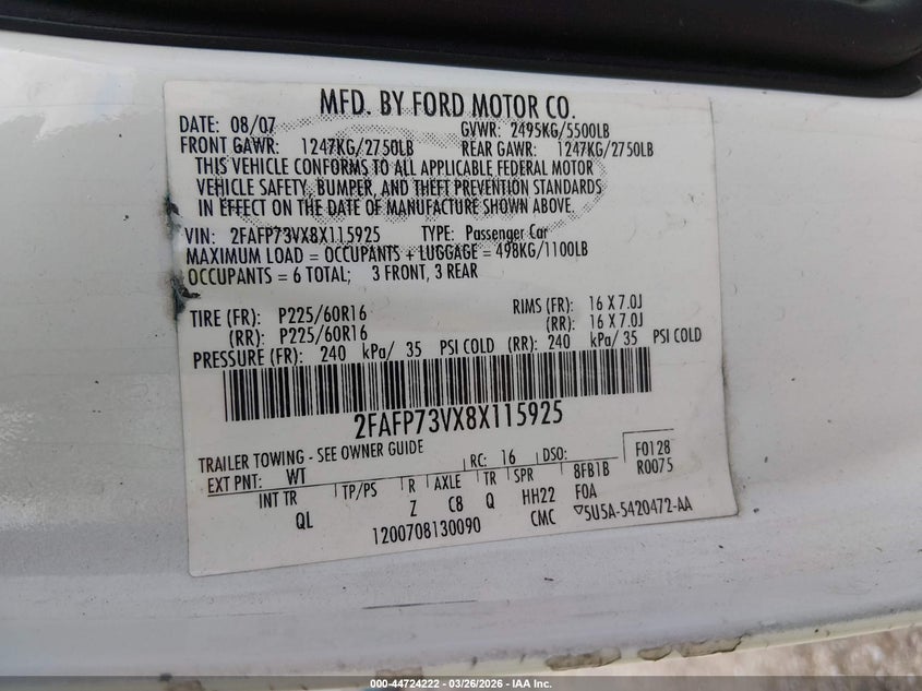 2008 Ford Crown Victoria Standard VIN: 2FAFP73VX8X115925 Lot: 44724222