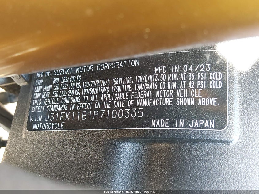 2023 Suzuki Gsx-S1000 A VIN: JS1EK11B1P7100335 Lot: 44724314